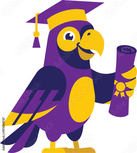 Graduate parrot holding diploma on white background