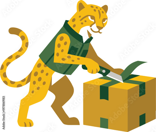 Cheetah mascot opens package with utility knife