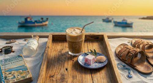 Enjoying a relaxing sunset moment on a sandy beach. Cold greek frappe, lokum, sandals, and a book on a wooden tray with fishing boats. AI generated