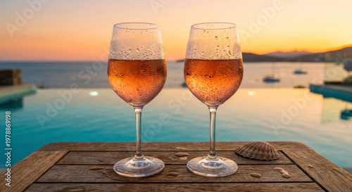 Two glasses of chilled rose wine on a wooden table, overlooking an infinity pool and ocean at golden hour. Summer holidays vacations relax moment. AI generated
