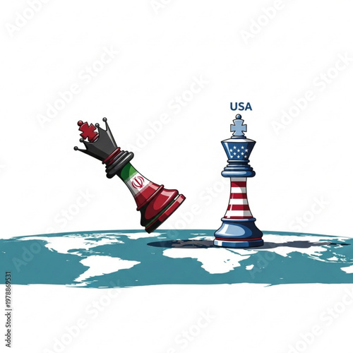 Iran King Chess Piece Falling While USA King Stands Strong on World Map Chessboard, Power Balance and Geopolitical Strategy Concept, Clean Dramatic Vector Illustration