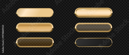 Gold button frame and glass 3d badge, Rectangular with rounded corners golden button icon on dark background, Premium signboard for web UI design.