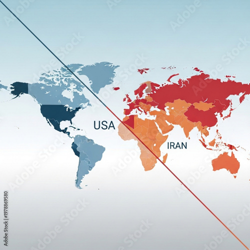 World Map Divided by Sharp Line Separating USA and Iran Influence Zones, Global Tension Concept, Minimal Editorial Vector with Soft Gradient Background