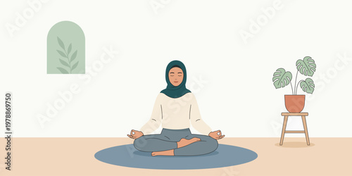 Muslim Woman in Hijab Meditating in Lotus Pose, Minimalist 2D Flat Vector Illustration for Yoga and Mindfulness
