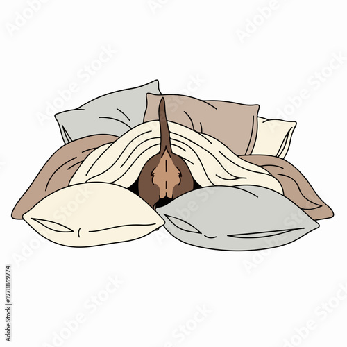 Cozy dog hiding under blankets and pillows, vector illustration. Adorable pet nestled in soft bedding, seeking comfort and warmth. Concept for pet care, relaxation, and home comfort.