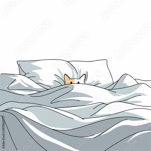 Cute corgi peeking from under cozy blanket in bed, adorable pet hiding under duvet, playful dog illustration for comfort and warmth.