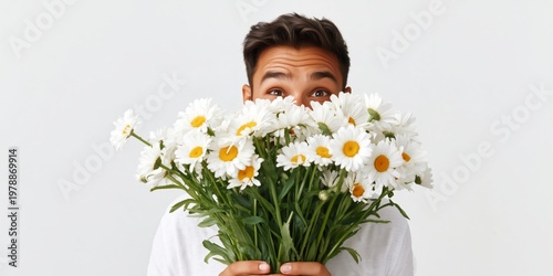 Man Holds a Large Bouquet of White Daisies With Yellow Centers Indoors