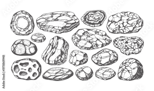 Collection of hand drawn rough textured stones and pebbles rock