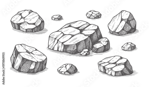 Collection of hand drawn rough gray stones and pebbles white rock