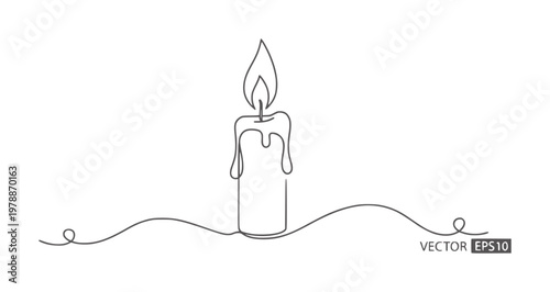 Single line of a melting candle with a flame and decorative wavy lines light