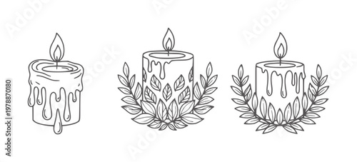 Three line candles with dripping wax and leaf wreaths flame