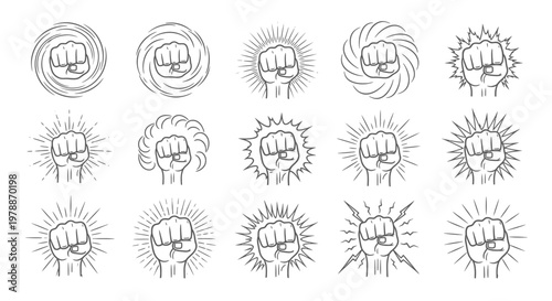 Collection of angry fist icons with explosive expressions.