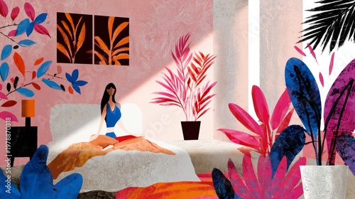 Woman Sitting on Bed in Bright Room Surrounded by Plants During Daytime