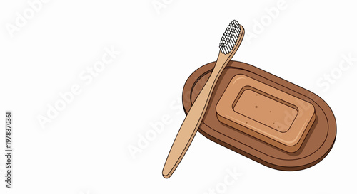 Eco friendly bamboo toothbrush and natural soap bar on wooden dish, sustainable hygiene concept, zero waste bathroom essential, clean lifestyle vector illustration.