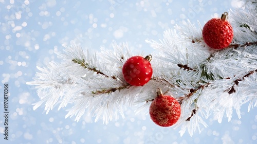 Festive Decorations on a Winter Branch With Red Ornaments Against a Soft Background