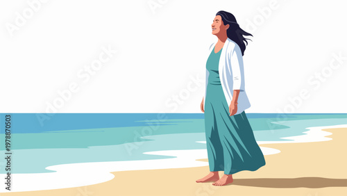 Serene woman enjoying beach breeze, vector illustration. Woman in long dress and cardigan stands by ocean waves, feeling peaceful and contemplative. Lifestyle concept for relaxation and vacation.
