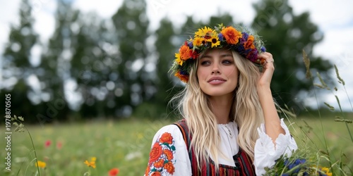 Woman Wearing Floral Crown Stands in a Field With Trees in the Background Dur...
