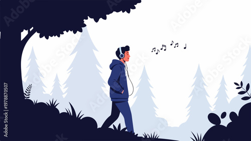 Man walking in forest with headphones listening to music, enjoying nature sounds, vector illustration for lifestyle and outdoor themes.
