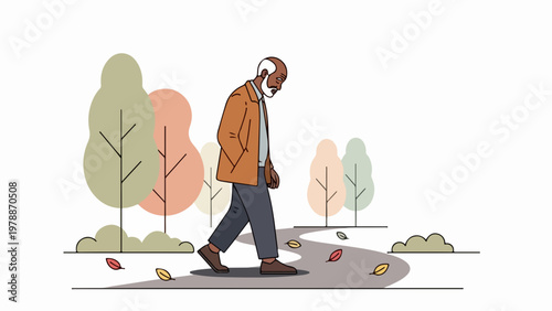 Elderly man walking in autumn park, vector illustration. Senior citizen strolls along path with fallen leaves, enjoying crisp fall air. Concept of active aging and peaceful retirement.