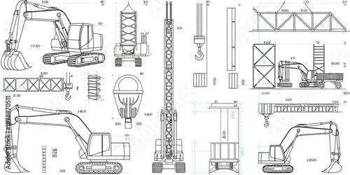 Industrial construction equipment, excavator diagrams, technical drawings, 20 illustrations