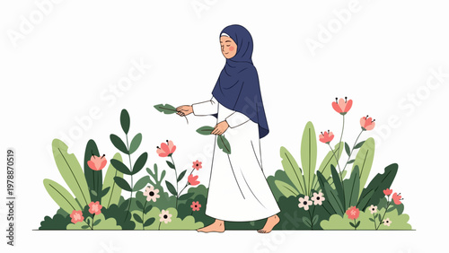 Vector illustration of Muslim woman in hijab tending to garden with blooming flowers and lush greenery, peaceful outdoor activity.