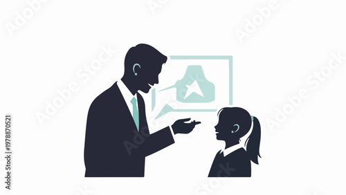 Business mentor guiding young student in vector illustration style, teaching concept, professional development, educational guidance, learning journey, career path, skill acquisition,
