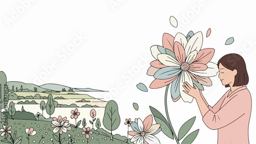 Woman smelling large flower in blooming meadow vector illustration. Gentle nature scene with rolling hills and calm water. Springtime concept for wellness and beauty.