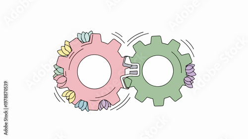 Interlocking gears illustration representing teamwork and collaboration, with colorful elements symbolizing diverse contributions working together in harmony.