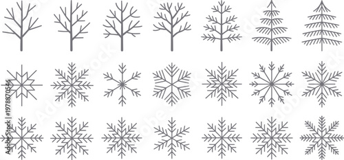 Winter tree silhouettes, snowflake icons, frosty decorations, vector graphics set