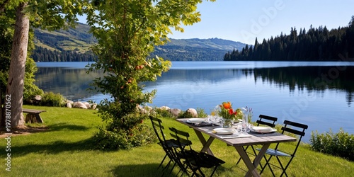Outdoor Dining Setup Near a Lake With Trees and Mountains in the Background D...