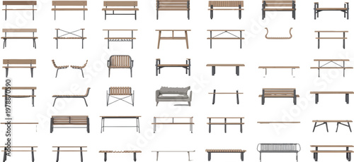Furniture icons, 40 wooden bench illustrations, vector furniture set, minimalist design elements