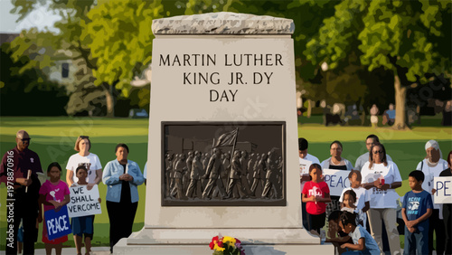 Martin Luther King Jr Day commemoration with diverse group holding candles and signs near monument. Honoring MLK Day with peaceful gathering and remembrance.