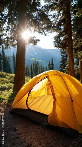 Sunset View From a Tent Near a Lake With Colorful Sky and Trees