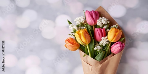 Colorful Tulips in a Paper Wrap With White Flowers Arranged for a Special Occ...