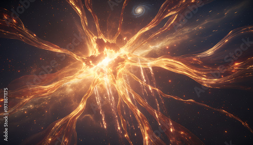 Fiery cosmic nebula with tendrils and distant galaxy