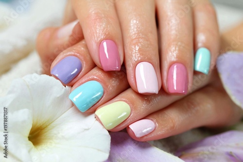 Colorful Nails With Flowers on a Pink Background During Spring Season