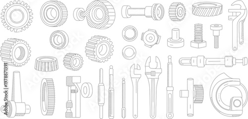 Mechanical tools and gears, industrial equipment icons, gray line art, 25 elements, vector illustrations
