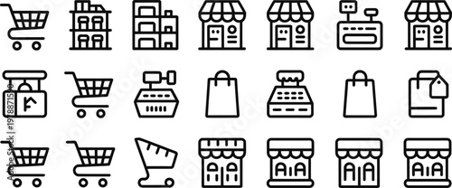 Ecommerce icons, shopping cart symbols, storefront graphics, retail illustrations, black line art