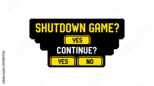 Retro pixel art game menu with shutdown and continue options