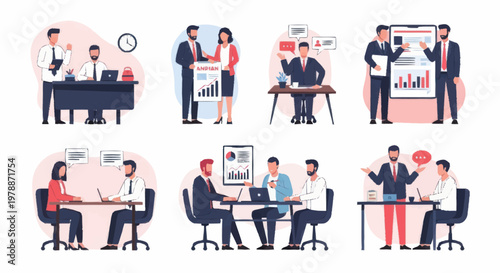 Business meeting and discussion scenes with charts and graphs.