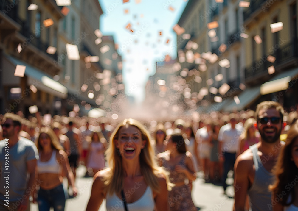 Obraz premium Joyful Crowd Celebrating with Confetti on a Vibrant City Street Parade