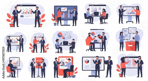 Business meeting presentation and team collaboration scenes.