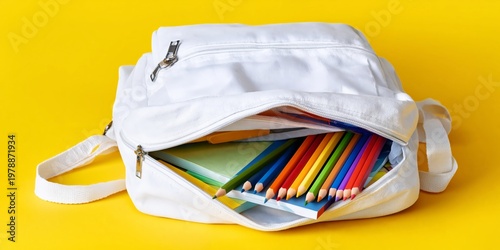 Students Prepare for School With Colorful Supplies in a White Backpack on a B...