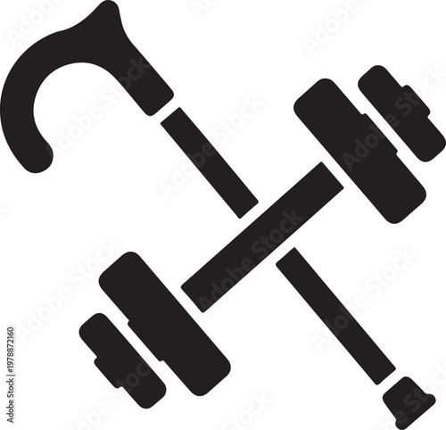 Crossed walking cane and dumbbell black silhouette representing mobility and strength, isolated on white background