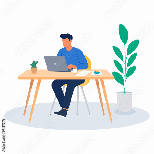 Man working online on laptop at desk in modern workspace. Remote work, freelance job, online communication and productivity in comfortable office setting. Flat vector illustration