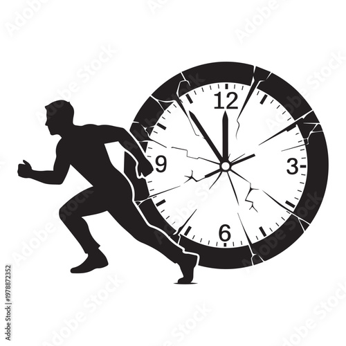 Man running next to a cracked clock face in a dynamic pose