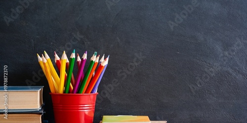 Brightly Colored Pencils in a Red Cup Next to Stacked Books on a Black Backgr...