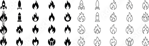 Collection of black fire and rocketship icons representing energy and power in various styles