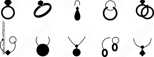 Collection of elegant jewelry icons including rings earrings and necklaces isolated on transparent background