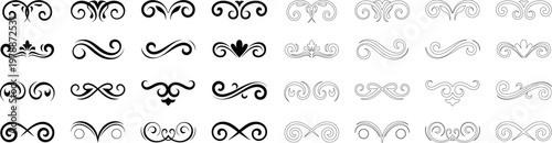 Collection of elegant black decorative ornamental dividers and flourishes isolated on a transparent background
